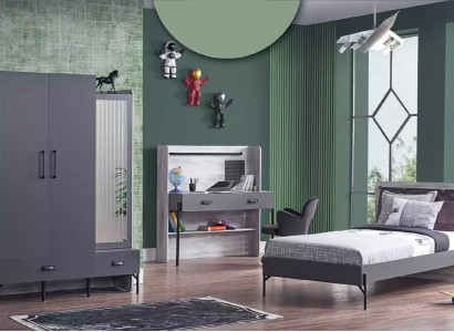 Gray youth room set Childrens room Bedroom Table Wardrobe Bed 3pcs.